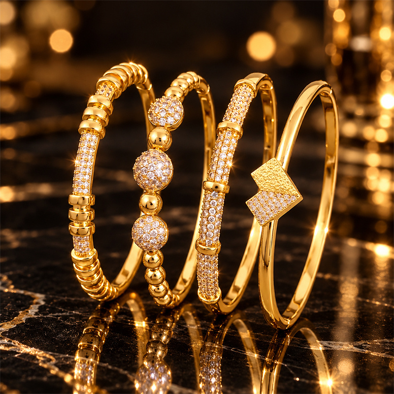 Women's Modern 4pc Stackable Bangle Set, Geometric Design